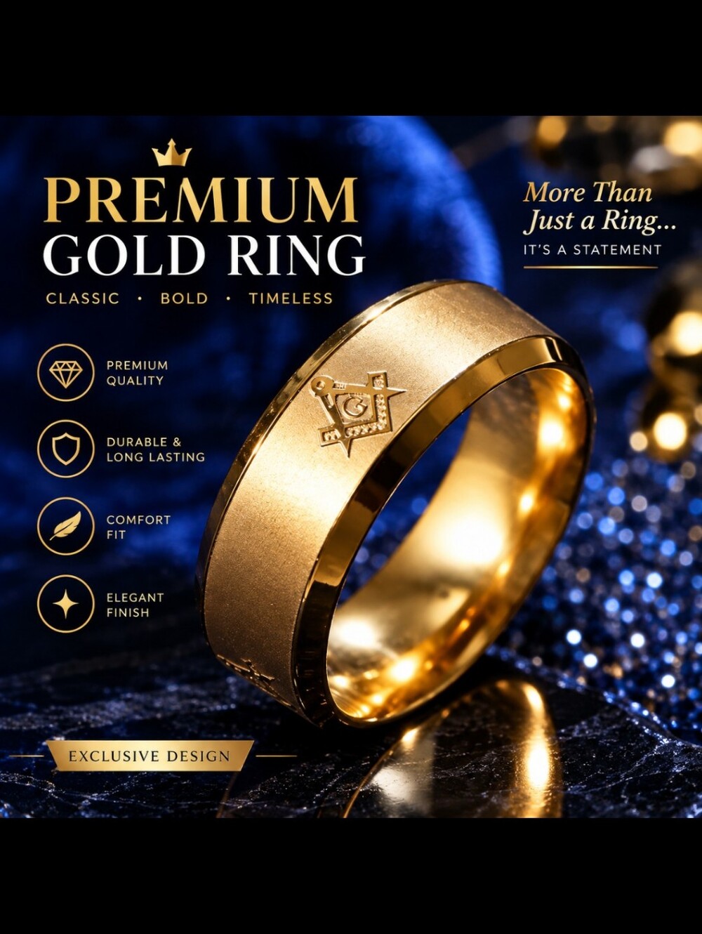 New Masonic Gold plated on Stainless Steel Band Ring-8
